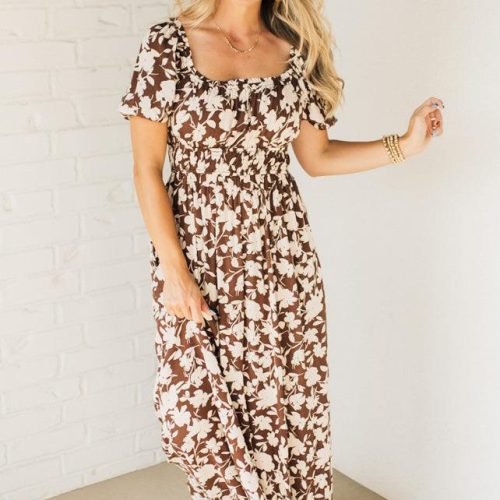 CamdenFloralSmockedWaistMaxiDressBrown