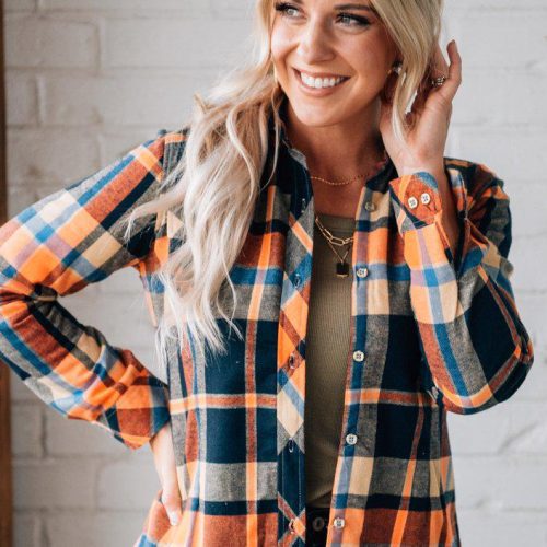 ClassicFitFurLinedPlaidTopNavyOrange 1