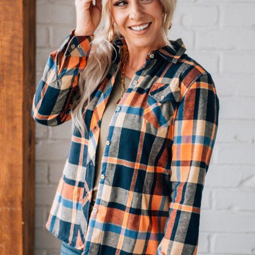 ClassicFitFurLinedPlaidTopNavyOrange 2