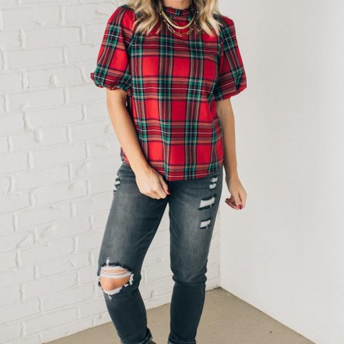 HolidayPlaidBubbleSleeveTop