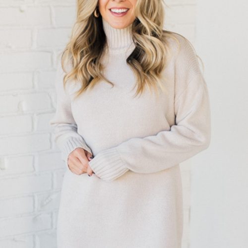 LeahTurtleneckShiftDressSandBeige 1