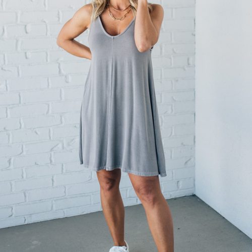 RibbedShiftDressGreyBrown