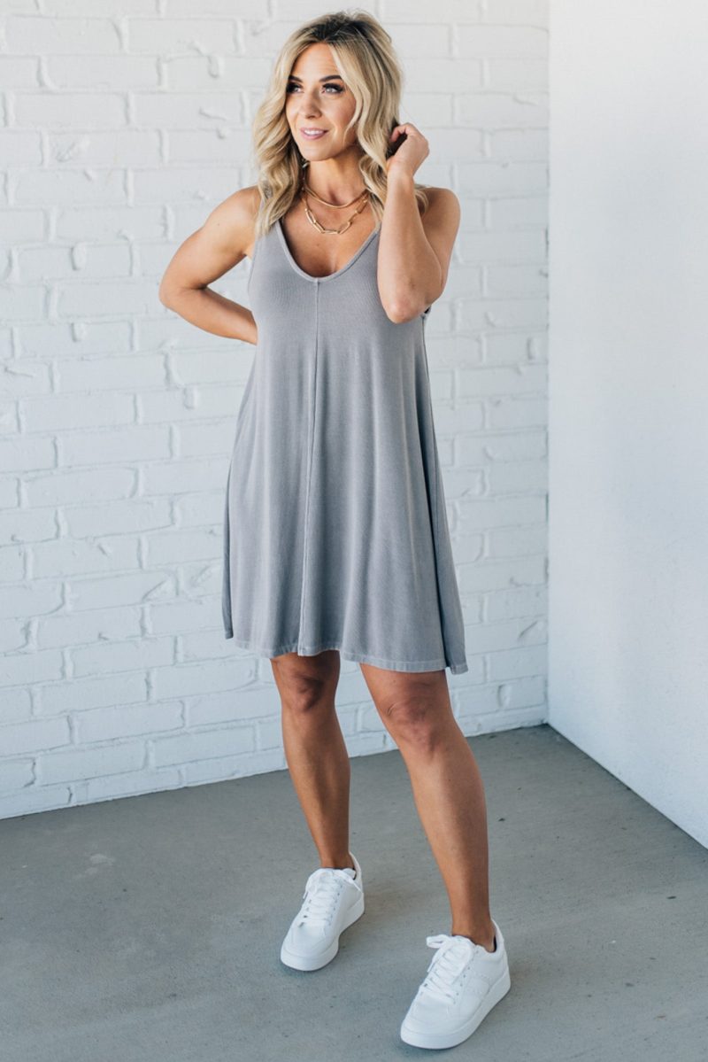 RibbedShiftDressGreyBrown