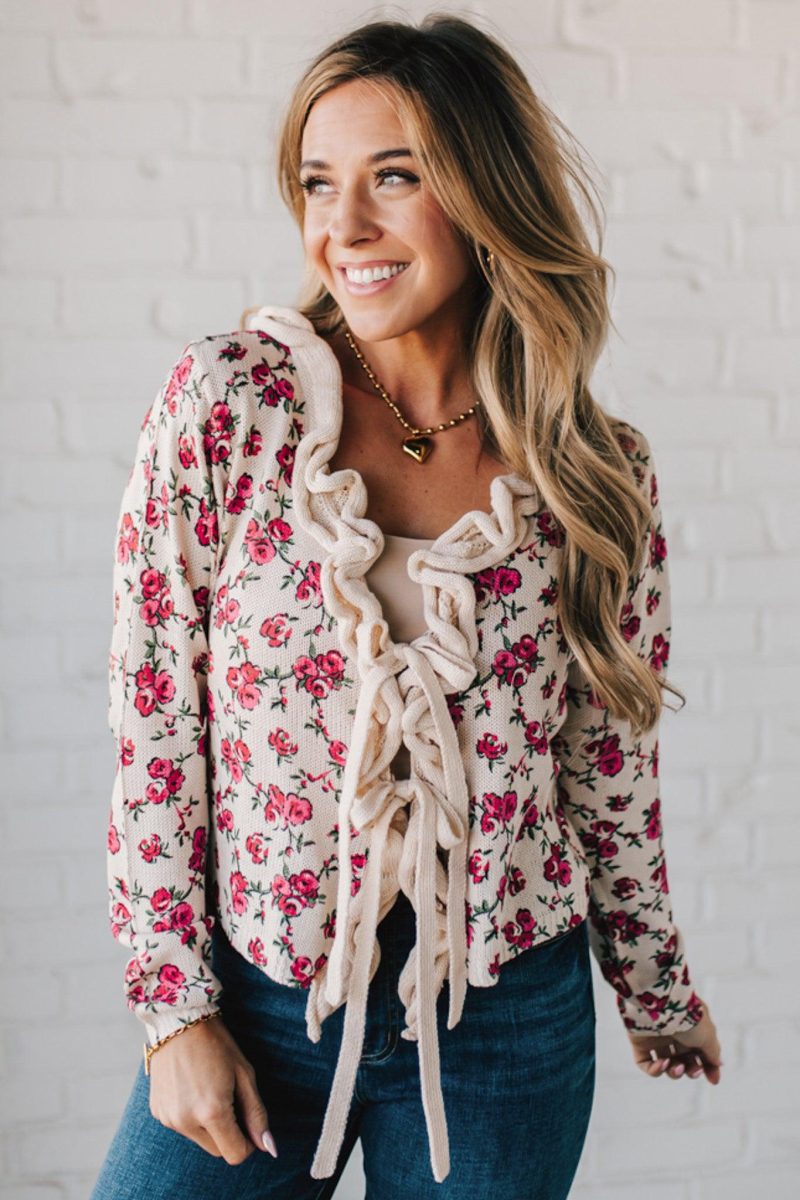 RuffledTieFrontFloralCardigan 5