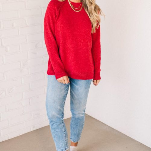 SolidChenilleRaglanSweaterDarkRed