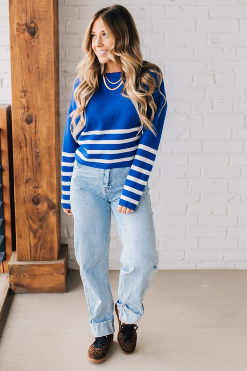 StripedDippedCropSweaterLightNavy