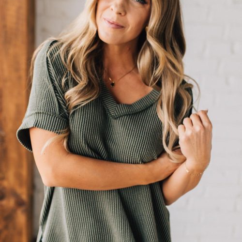 women modeling an olive short sleeve corded v neck top